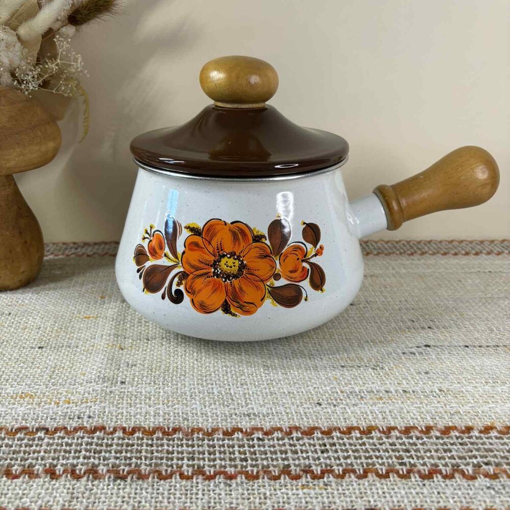 1970s Vintage Sanko Enamelware, Orange Poppy series, Enamel Fondue Pot